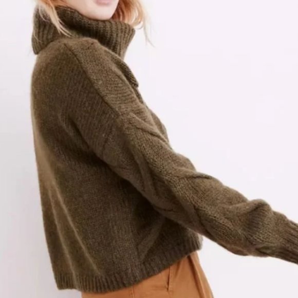 NWT Madewell Somervell Olive Green Turtleneck Cable Knit Ribbed Wool Sweater - Picture 6 of 7